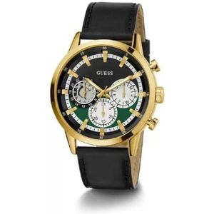 GUESS Heren 44mm horloge - zwarte band zwart-groene wijzerplaat gouden toon kast, Zwart, one, Modern