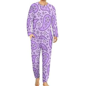 Paarse Paisley Comfortabele Heren Pyjama Set Ronde Hals Lange Mouw Loungewear met Zakken S
