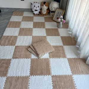 Zeyeo 10 Stuks 12 Inch Vierkante Pluche In Elkaar Grijpende Schuimpuzzelmatten, Zachte, Donzige Tapijttegels Voor Woonkamer En Slaapkamer, Gemakkelijk Schoon Te Maken(Light Brown+White)
