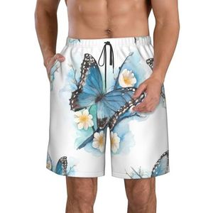 FRGMNT Heldere Kleurrijke Onkruid Patroon Print Mannen Sneldrogende Zwemshorts Strand Korte Board Spa Trunks Stretchy Gym Shorts Surfen Korte, Blauwe Vlinder op Bloesem Bloem, XXL