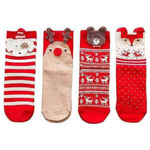Yulakes 4 paar kerstsokken, kerstmansokken, kerstsokken voor dames, kerstdecoratie voor thuis, vrolijk kerstfeest, ornament, kerstcadeau, nieuwjaarscadeau, rood, Eén Maat