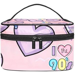 Make-up Organizer Bag, Reizen Make-up Tas Organizer Case Draagbare Cosmetische Tas voor Vrouwen en Meisjes Toiletartikelen Liefde Paars Hart Driehoeken Roze Achtergrond, Meerkleurig, 22.5x15x13.8cm/8.9x5.9x5.4in