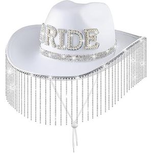 Cowgirl hoed voor vrouwen | Glitter bruid cowboyhoed | Brede rand bruid Cowgirl hoed wit franje ontwerp, vrijgezellen outfit Qiongni