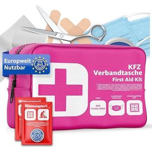 Verbandtas, voor de auto, norm 2026 met beademingsdoeken, verbanddoos voor de auto, DIN13164:2022, eerstehulpset, verbanddoos, conform het Duitse verkeersreglement (roze)