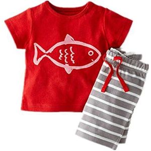 Chic-Chic 2 stks Baby Jongens Zomer Kleding Sets Outfits Leuke Cartoon T-shirt met korte mouwen Top+ Stripe Shorts Broek Set 4-5 Years Rood