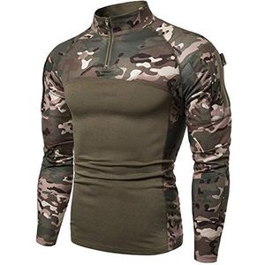 Mannen 1/4 Zip Tactisch shirt met lange mouwen Militaire Stijl Combat Shirt met Zakken Airsoft Top Outdoor Kleding voor Jacht Camping Wandelen, Groene Camo, L