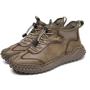 Handgebreide casual lederen sneakers voor mannen, hardloopschoenen voor heren, zacht leer, vetersluiting, antislip, voor buiten, wandelen, wandelschoenen voor mannen, Kaki, 42 EU