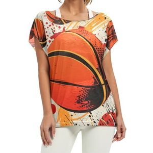 Oranje Basketbal Cool Herhalend Patroon Vrouwen Korte Batwing Mouw Shirt Ronde Hals T-shirts Losse Tops voor Meisjes, Patroon, S