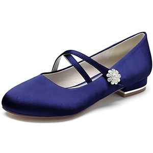 Womens Platte Bruids Schoenen Gesloten Teen Ballet Pumps Satijn Strass Kruis Strappy Party Trouwschoenen,Marine,36 EU