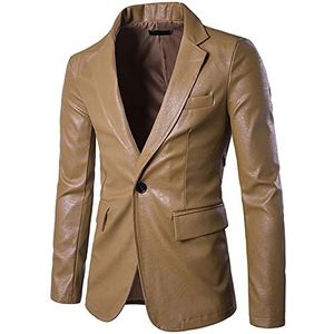 Heren echt leer 1 knop getailleerde blazer sport jas heren PU lederen blazer enkele rij slim fit pak jas 1 knop bruiloft smoking chique jassen, B-kaki, XXL