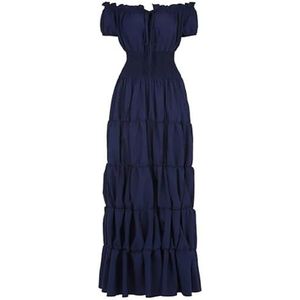 Vrouwen Middeleeuwse Renaissance Jurk Boho Korte Mouwen Off Shoulder Gesmokte Taille Retro Geplooide Lange Jurk Kostuum(Deep Blue,XXL)