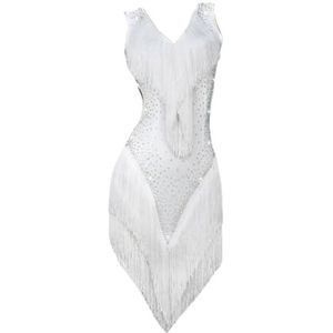 Tytyozay Meisjes Latijns-Amerikaanse dansjurk met franjes, vrouwen V-hals mouwloze standaard Latijns-Amerikaanse dansrok zonder rug met strass-steentjes wedstrijd voor Samba Tango Cha Cha,Wit,L