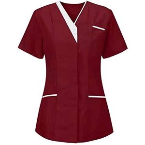 Yiiquanan Vrouwen Healthcare Tuniek V-hals Ademend korte mouw Werk Uniformen Top voor zorg en sanitaire voorzieningen, Rood | Stijl #1, L