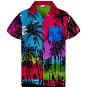 King Kameha Funky Hawaïhemd voor heren, korte mouwen, voorzak, Hawaii-print, strand, palmenprint, Jk_beach-purple, XS