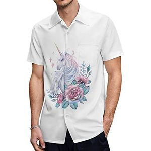 Aquarel Kleurrijke Eenhoorn Rose Heren Hawaiiaanse Shirts Korte Mouw Casual Shirt Button Down Vakantie Strand Shirts L