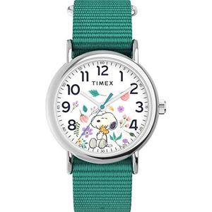 Timex X Peanuts in Bloom Dames Weekend 38mm Horloge - Groene Band Witte Wijzerplaat Zilverkleurige Case, Groen, Groen, Modern