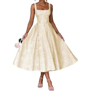 AHERKLL Spaghetti Bandjes Bruidsmeisjes Jurken Bloemen Satijn Jacquard Formele Avond Feest Maxi Jurk Thee Lengte HAH047, Champagne Goud, 32