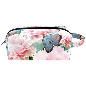 Make-up tas PU-leer,make-up tas voor op reis,roze bloem bloei vlinder,Cosmetische organizer voor dames