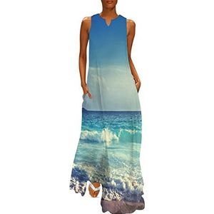 Ocean Waves Seychelles Island Beach In Sunset dames enkellengte jurk slanke pasvorm mouwloze maxi-jurken casual zonnejurk M
