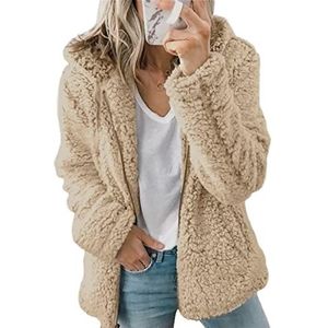 Damesjas Teddy Pluche Jas Oversized Fleece Jas Winterjas Korte Jas Parka Uitloper Met Zak Klassieke Effen Kleur Winterjas Elegante Vrouwen Uitloper (Color : Khaki, Size : L)