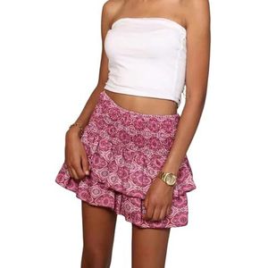 Gyios Long Skirt Women's Floral Printed Skirt Beach Boho Pleated Ruffles Mini Skirt, High Waist Skirts-pink Flower-s