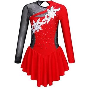 AMENGJ Gymnastiek Turnpakje Glanzende Strass Ballet Jersey Gymnastiek Turnpakje Jurk Sheer Mesh Tutu Danskleding Kunstschaatsen Prestaties Kostuum, Rood, 12