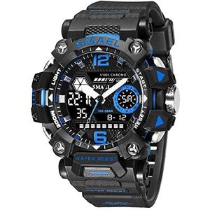 SMAEL Nieuwe Sport Horloges Analoge Digitale Dual Display Polshorloge, 5atm Waterdichte Grote Gezicht Dial Militaire Horloges, Led Backlight Horloge, Zwart en blauw