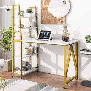 Aunvla Computertafel met 5 Tier boekenkast bureau 120 cm bureau voor thuis kleine ruimte kantoor tafels (wit + goud)