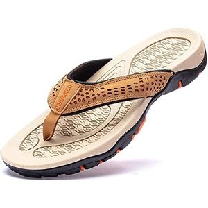 Dames Zomer Slippers PU lederen zomer heren slippers strand sandalen Comfortabele heren casual schoenen mode heren flip-flops Sloffen (Color : Khaki, Size : 11)