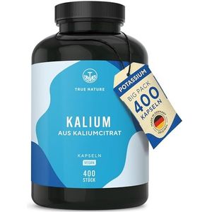 Kalium, 2.222 mg per dag, 400 capsules, kaliumcitraat met elementair kalium, 6 maanden voorraad, veganistisch en zonder additieven, laboratoriumtest, Duitse productie TRUE NATURE