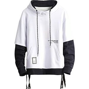 Gurunvani Pullover met capuchon voor heren, patchwork-hoodie met contrasterende kleur, wit, L