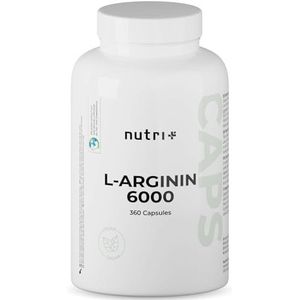 Nutri + L-Arginine Base Capsules veganistische hoge dosering gefermenteerd laboratorium getest - 360 Capsules - 6000 mg 100% zuiver plantaardige L-Arginine voor mannen & vrouwen