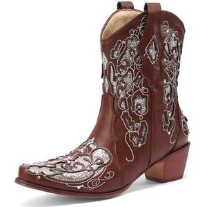 FGRID Vrouwen Mid Calf Cowgirl Booties, Mode Geborduurde Vierkante Neus Western Enkellaarsjes, Bontvoering Winter Chunky Hak Cowboy Snip Toe Boot,Bruin,34