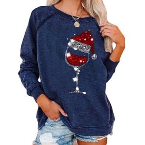yeeplant Ronde hals Kleurrijke Cartoon Glas Wijn Vakantie Sweatshirt Kerst Trui Casual Ademend Party Doek, Blauw, L
