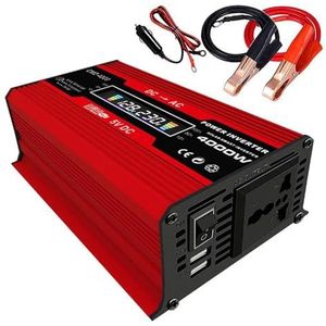 Omvormer 12V Naar 110V/220V Dubbele USB-omvormer LCD-scherm Spanningstransformator Autoadapter Gemodificeerde Sinusgolf-laadomvormer(12V to 220V Red)