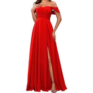 HPPEE Off-shoulder chiffon bruidsmeisjesjurken met split voor vrouwen mouwloze strapless avond formele jurk, Rood, 32