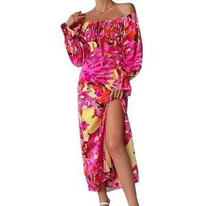 jurken voor dames Jurk met off-shoulder uitlopende mouwen en split-dij met bloemenprint (Color : Multicolore, Size : X-Small)