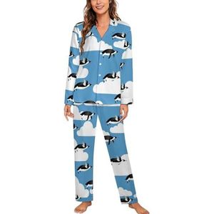 Antarctica Dier Vliegende Pinguïns Vrouwen Lange Mouw Button Down Nachtkleding Zachte Nachtkleding Lounge Pyjama Set S