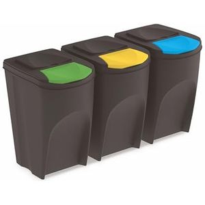 Sortibox Vuilnisemmer met deksel, 35 liter, set van 3 stuks, antraciet, stapelbaar afvalscheidingssysteem, afvalsorteerder, scheidingssysteem, scheidingsmanden stapelbaar met klep