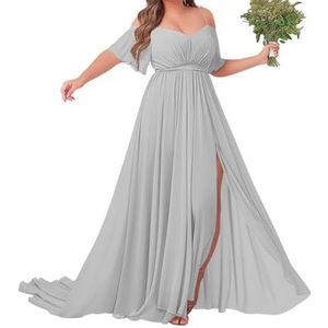 Off-shoulder bruidsmeisjes jurken met mouw - chiffon grote maten formele jurk, Zilver, 32