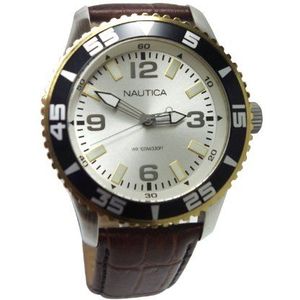 Nautica Heren Datum N09612G Bruin Lederen Quartz Horloge met Zilveren Wijzerplaat