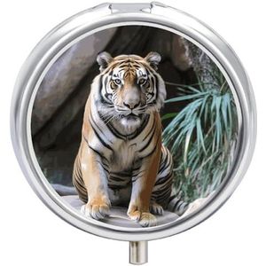 Tiger in The Zoo Pillendoosje Reizen Pillendoosje voor Portemonnee Pocket Wekelijkse Geneeskunde Organizer met Spiegel 3 Compartiment Rond Medicijnetui Draagbare Pillenhouder voor Dagelijks