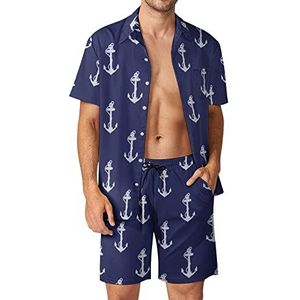 Marineblauwe ankerpatroon Hawaiiaanse bijpassende set voor heren, 2-delige outfits, overhemden en shorts met knopen voor strandvakantie