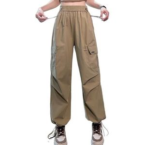 Dames Cargo Sneldrogende Broek Casual Lichtgewicht Elastische taille Trekkoord Reizen Wandelen Baggy Rechte Broek,Khaki,L