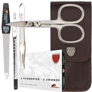 DREI SCHWERTER - 4-delige nagelverzorgingsset 'Modena' | Manicure en pedicure set in echt leer etui MADE IN DUITSLAND. Kleur: Bruin | Inhoud: Nagelschaar, pincet, saffier nagelvijl,