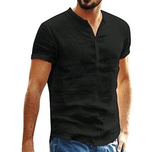D-Rings Heren Baggy katoen linnen T-shirts kleur korte mouwen retro tops blouse heren kleding casual tees, zwart, L