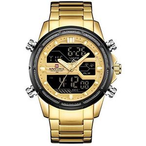 NAVIFORCE Mens horloge waterdichte multifunctionele roestvrij staal analoge digitale led horloge quartz sport horloges, Goud, armband