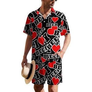 I Heart Beer Hawaiiaanse pak voor heren, 2-delige strandoutfit, shirt en korte broek, bijpassende set