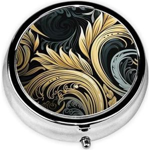 Pillendoosje met spiegel, retro pillendoos met 3 vakken, donkergoud en beige, stijlpatroon, kleine pillenorganizer voor portemonnee of zak, decoratieve metalen medicijnen, vitamine-organizer, unieke