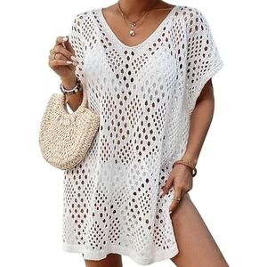 Cover Ups Voor Vrouwen Strandkleding Strandkleding Zomer Vrouwen Strandjurk Badpak Cover Up Mode Holle Haak V-hals Korte Mouw Zonneshirt Bikini Cover Up Badpak Cover Ups Voor Vrouwen (Wit)